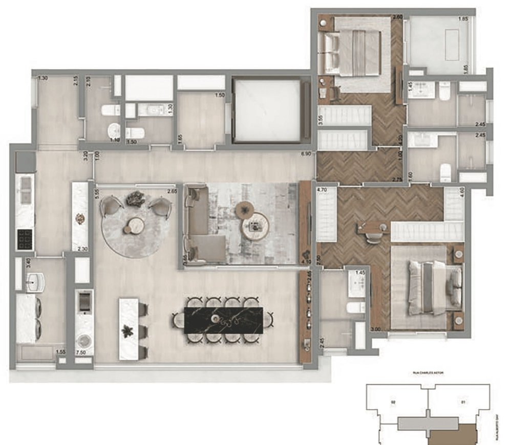 136m2 - 2 su�tes - sala ampliada + banheiro Sr e Sra