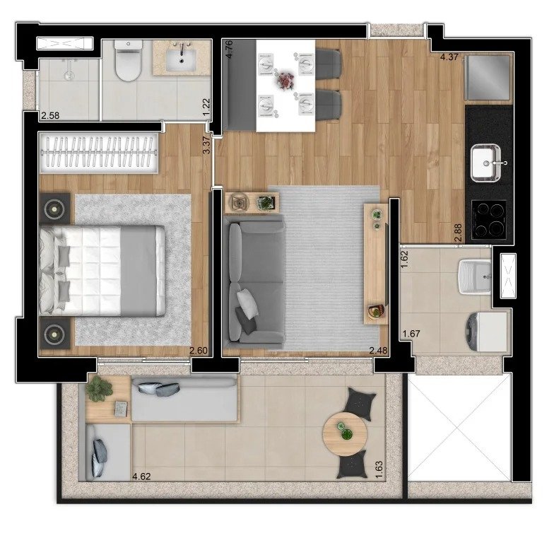 48m2 |1 su�te + varanda