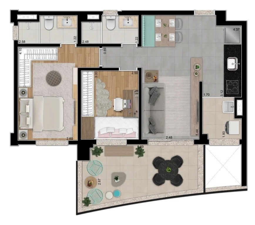 73m2 |2 dorms (sendo 1 su�te) banheiros com janela